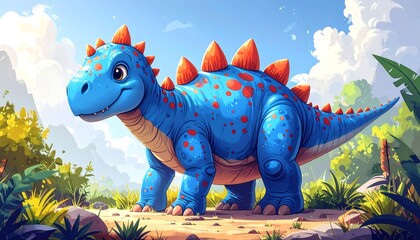 A cheerful, vibrant illustration of a friendly, cartoonish blue dinosaur with orange spines, spotted with red, exploring a lush, prehistoric landscape.