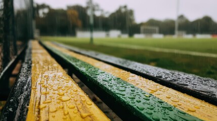 bench in the rain, wooden planks with yellow and green
