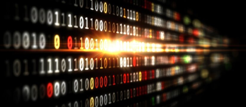 Abstract digital landscape of binary code with illuminated, flowing bright light across a black background