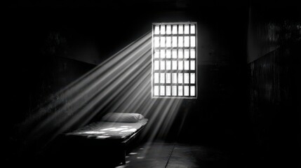 black and white prison cell with a bed