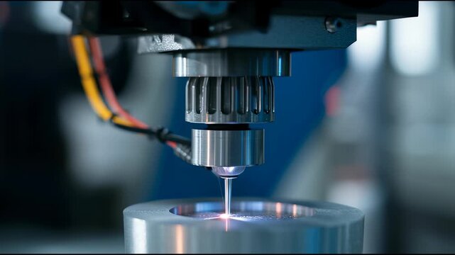 Laser metal 3d printing additive manufacturing metal component close up industrial machine precision laser head stainless steel workshop technology laser metal cutting head producing precise hole