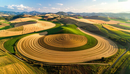 Aerial View of Circular Agricultural Fields on Rolling Hills