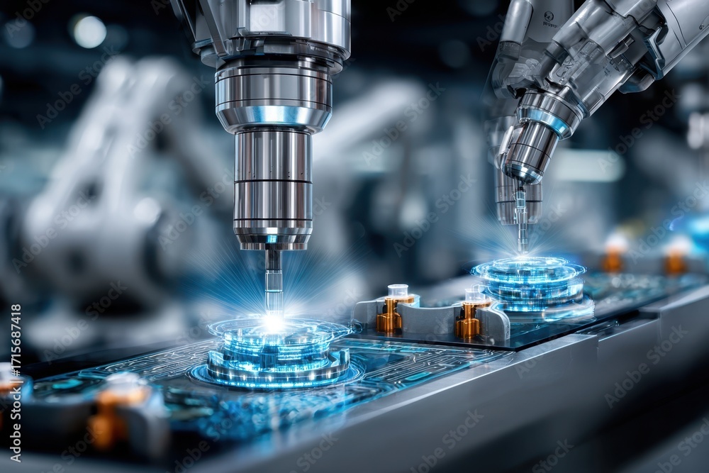 Poster robotic arms working on circuit board in factory