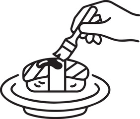 Obraz premium Sushi Icon – Chef Brushing Soy Sauce on Fish Slice with rice line art
