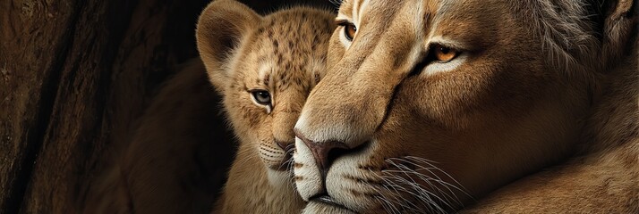A close-up of a lion and cub showcasing their bond in warm, natural colors.
