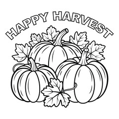 Happy Harvest Illustration with Pumpkins and Leaves Black and White Coloring Page for Fall and Thanksgiving Season