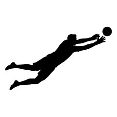 Silhouette of a soccer goalkeeper jumping to catch the ball