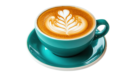 Hot coffee cappuccino latte art in jade color isolated on a white background