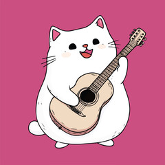 Happy Cat Character Playing Classical Guitar Cartoon Vector Illustration	