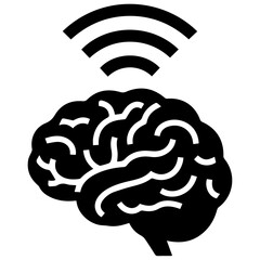 Minimal black silhouette of a brain with wifi waves, flat vector style, white background.
