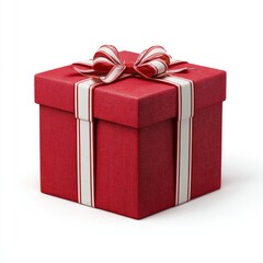 A square, red gift box with a white-striped ribbon tied in a bow sits on a white background