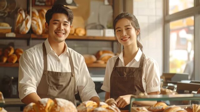 Smiling Bakery Staff Display Fresh Bread