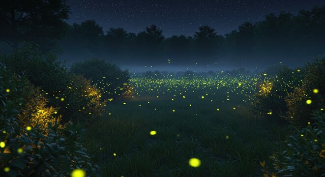Fireflies in a misty meadow at night