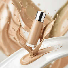 a foundation bottle surrounded by splashes of liquid makeup. The liquid makeup creates a dynamic and visually appealing effect.