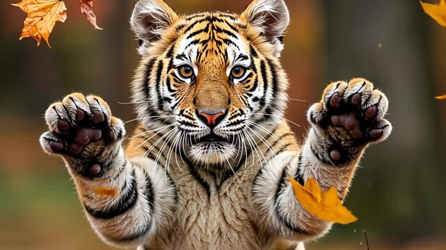 Young tiger playfully leaping through falling autumn leaves in forest