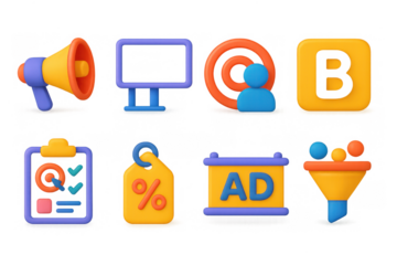 3d marketing icons illustration for advertising and branding design
