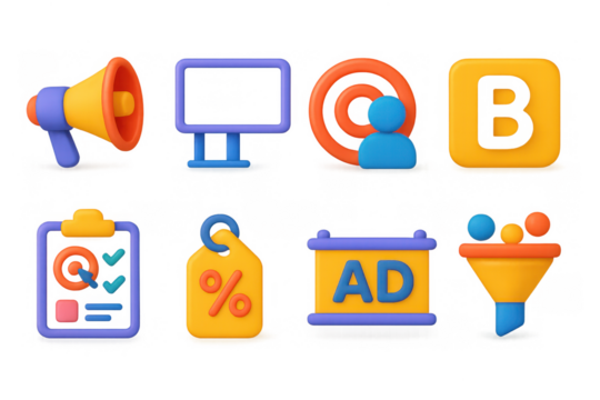 3d marketing icons illustration for advertising and branding design