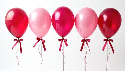 Five pink and red balloons with ribbons isolated on white background. Perfect for birthday party invitations, greeting cards, or event decor. Bunch of balloons, bright, glossy, floating objects.