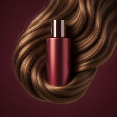 a red hair product bottle surrounded by flowing, wavy brown hair. The background is a deep red color.