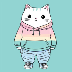 Pastel Colored Cute Cat Character in Hoodie Vector Illustration