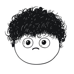 Sad Young Man Head Portrait with Curly Hair Vector Illustration	
