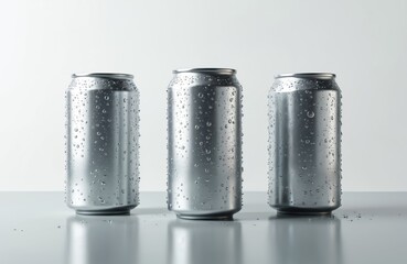 Three shiny metallic cans covered in water drops. Mockup for drink, tonic, energy beverage presentation. Silver aluminum containers show condensation, blank for design, pattern. Refreshment