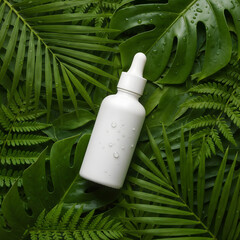A white dropper bottle sits atop a bed of lush green leaves with water droplets. The image evokes a natural, botanical theme.