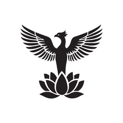 Obraz premium A Powerful Vector Silhouette of a Majestic Phoenix Bird with Spread Wings Rising from a Lotus Flower, Symbolizing Rebirth, Renewal, and Transformation.