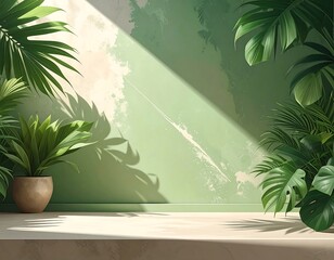 Tropical greenery display on a light beige surface