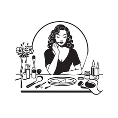 Black and white line art of a beautiful woman doing makeup at dressing table with mirror illustration
