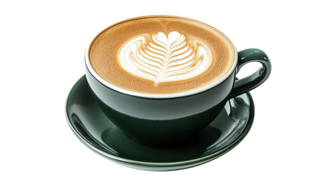 Hot latte coffee with latte art in a dark green isolated on a white background - Powered by Adobe