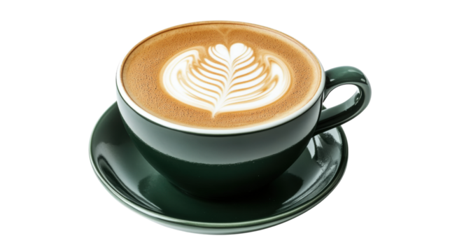  Hot latte coffee with latte art in a dark green isolated on a white background