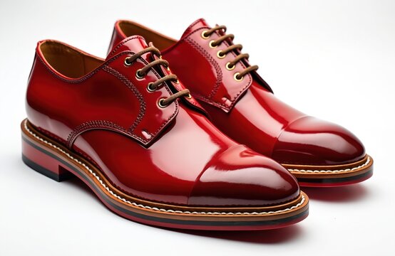 Shiny red men luxury leather lace-up shoes sit on clean white background. Formal shoes feature high-gloss finish, detailed stitching, stacked sole. Perfect for fashion, retail, men style collections.