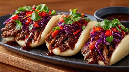 Juicy pulled pork with dripping bbq sauce concept. Delicious bao buns filled with savory beef and fresh toppings.