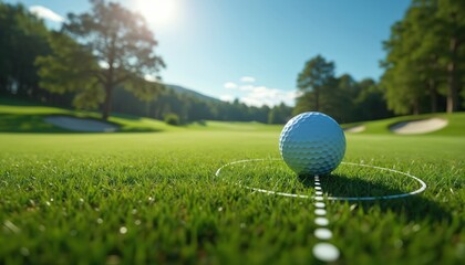 Close-up golf ball on rich green grass with dotted line, circle marker. Sunlight shines on pristine golf course, trees, sand traps in background. Dynamic sports visualization for golf gameplay,