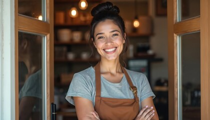Latin American waitress smiling, opening coffee shop doors for customers. Female entrepreneur greets people with happiness. Woman manager works in small eatery, serving clients. Adult businesswoman