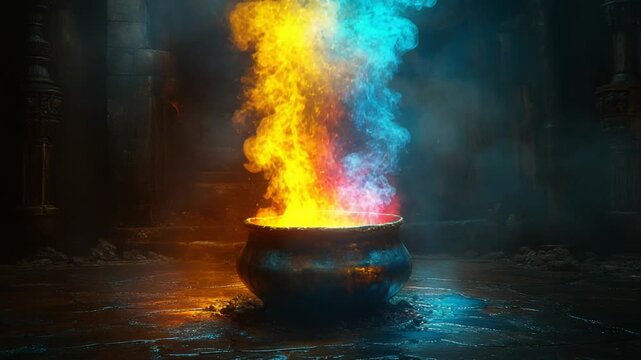 Colorful flames rise from a mystical cauldron