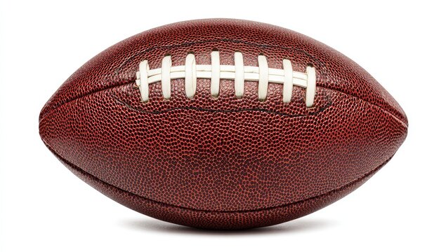 A brown leather American football, prolate spheroid shape, laces in white, textured surface, isolated on white background