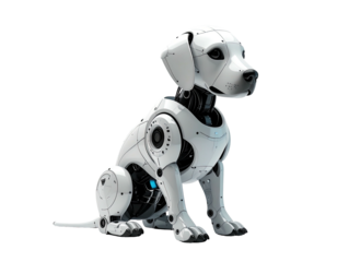 White robotic puppy sitting, mechanical dog, futuristic pet
