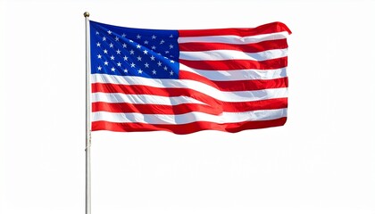 Fototapeta premium Waving United States flag on flagpole against white background