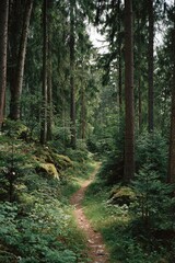 Obraz premium A sun-dappled path winds through a dense, verdant forest. Tall, slender trees line a dirt trail, lush undergrowth hugs the sides. Shadows and light create a tranquil, secluded atmosphere