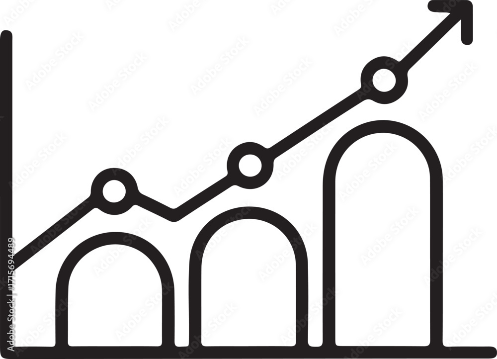 Poster upward trending bar chart with line graph and circles