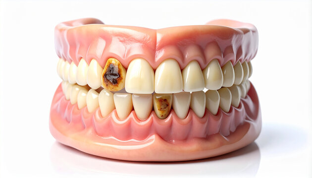 Dental model showing decayed teeth cavities enamel