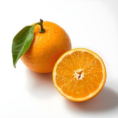 A whole orange and a half orange are displayed side by side. The half orange has been cut in half, revealing its juicy, citrusy interior. 