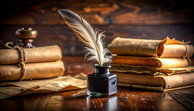 A classic writer's desk scene featuring a feather quill poised over an inkwell, surrounded by ancient scrolls and old books