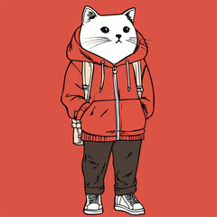Cool Young Cat Character in Red Hoodie Standing Full Body Illustration	