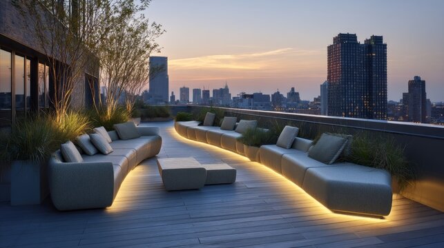 Modern outdoor seating arrangement on a rooftop terrace, illuminated by warm lighting, overlooking a cityscape at sunset.