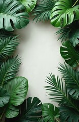 Vibrant green monstera, palm leaves form rich botanical frame against neutral background. Arrangement of tropical foliage offers fresh, exotic, natural aesthetic, perfect for summer themes, organic