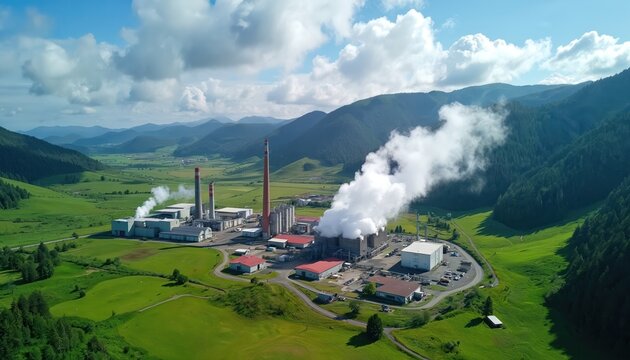 Aerial view of geothermal power plant generating clean energy amidst rich green hills, mountains. Steam billows from industrial facility, renewable resource production, sustainable infrastructure in