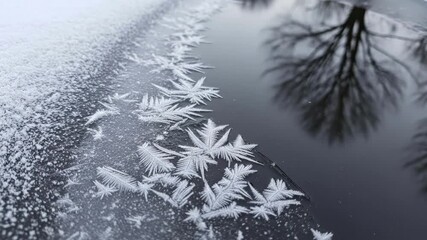Stunning macro of delicate ice crystals and frost patterns on a frozen lake with a serene tree reflection. - Powered by Adobe